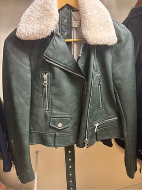 Zara Dark Green Faux Leather Moto Jacket with White Shearling Collar
